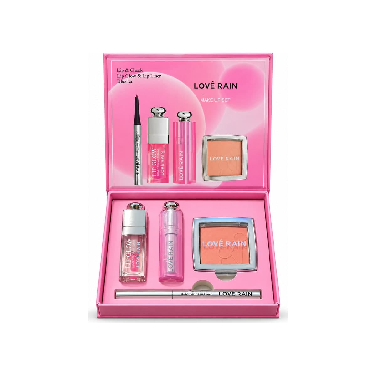 Kit Batom, Gloss, Lip Balm, Lápis para a Boca e Blush