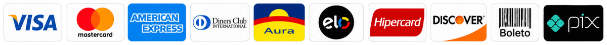 Visa, Mastercard, American Express, Diners Club, Aura, Elo, Hipercard, Discover, Boleto e Pix